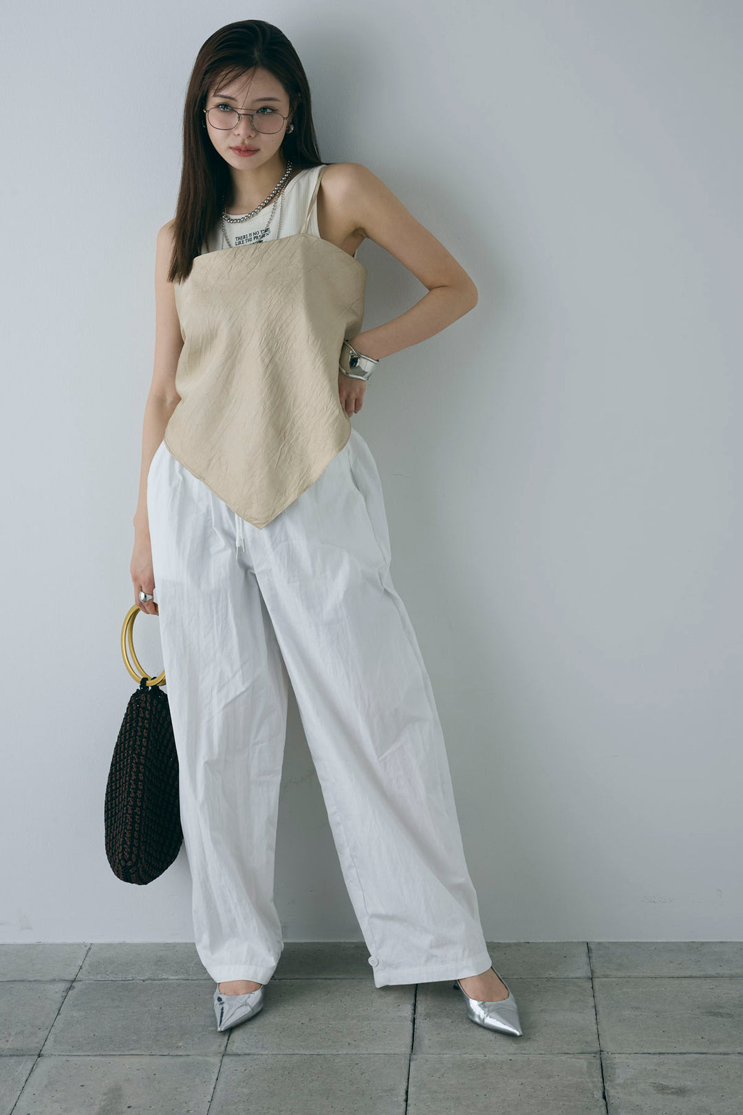 [予約/SET]リブロゴタンク+スカーフ風バックリボンキャミソール+裾ボタン絞りパンツ(3set)