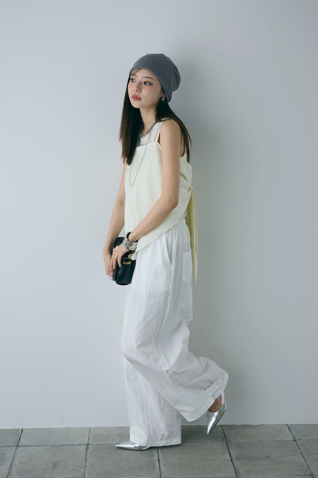 [予約/SET]リブロゴタンク+スカーフ風バックリボンキャミソール+裾ボタン絞りパンツ(3set)