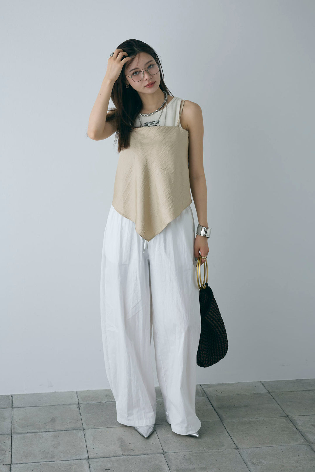 [予約/SET]リブロゴタンク+スカーフ風バックリボンキャミソール+裾ボタン絞りパンツ(3set)