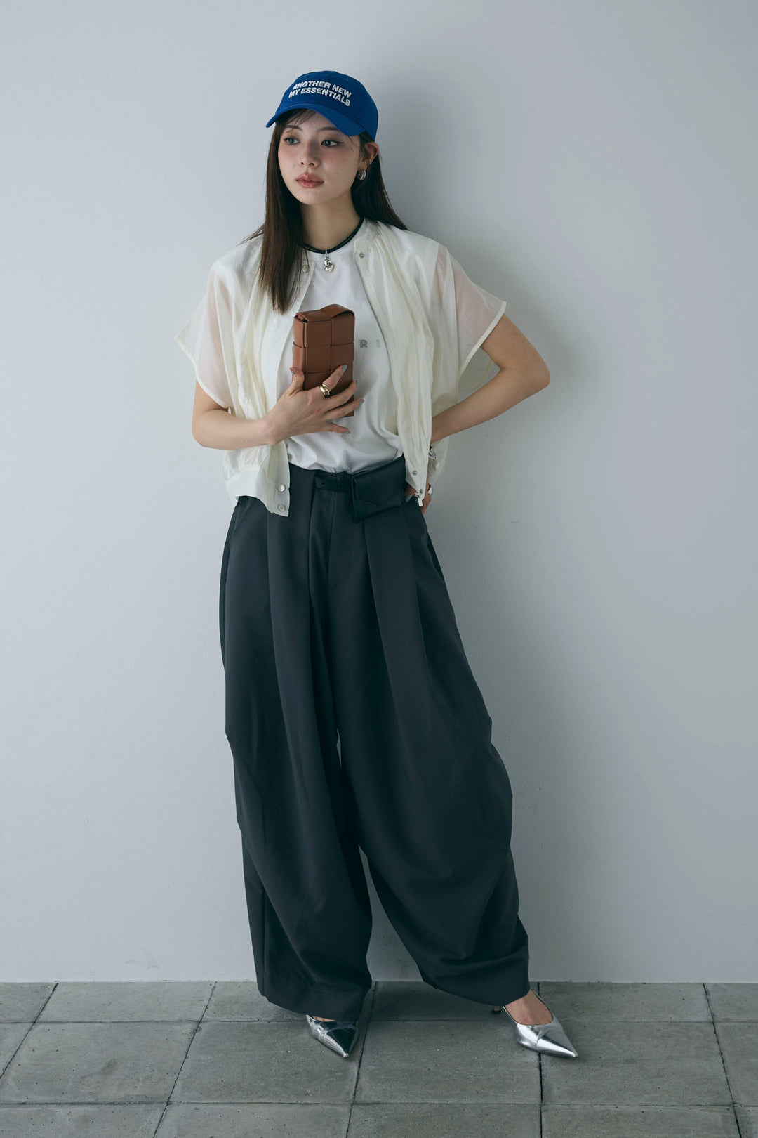 [予約/SET]フレンチスリーブシアーブルゾン+コンパクトスムース ミニ箔ロゴプリント+ランダムタック入りワイドパンツ(3set)