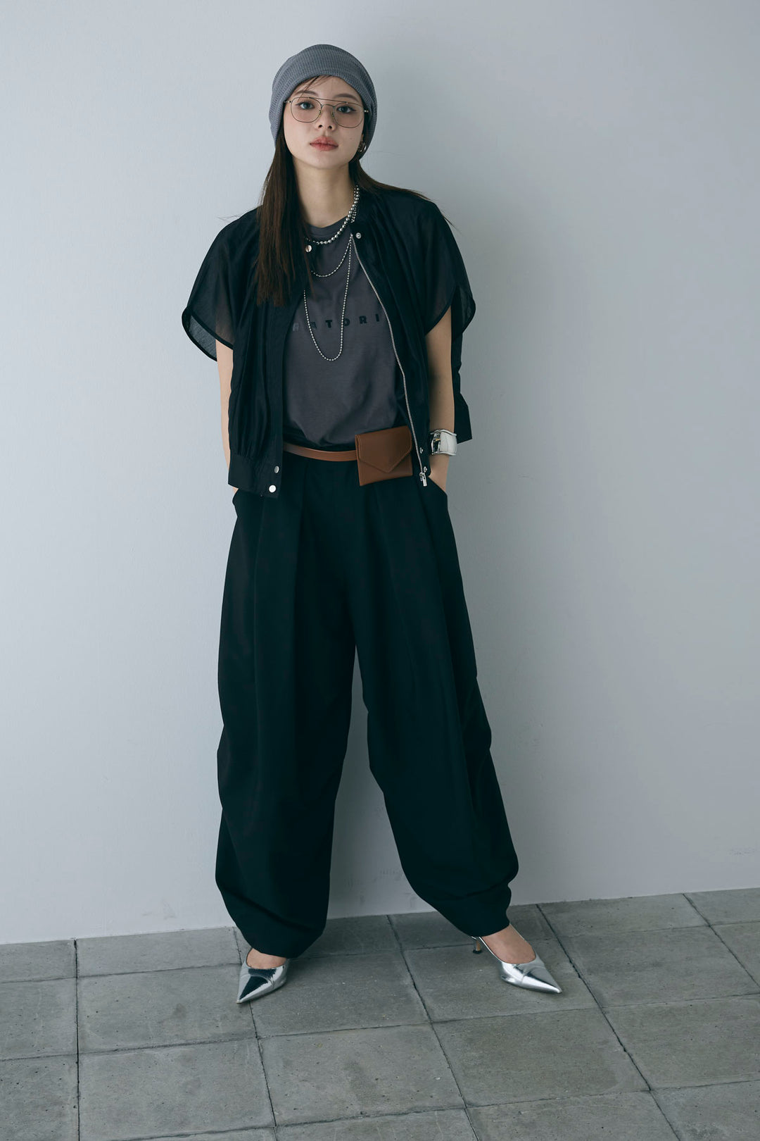 [予約/SET]フレンチスリーブシアーブルゾン+ランダムタック入りワイドパンツ(2set)