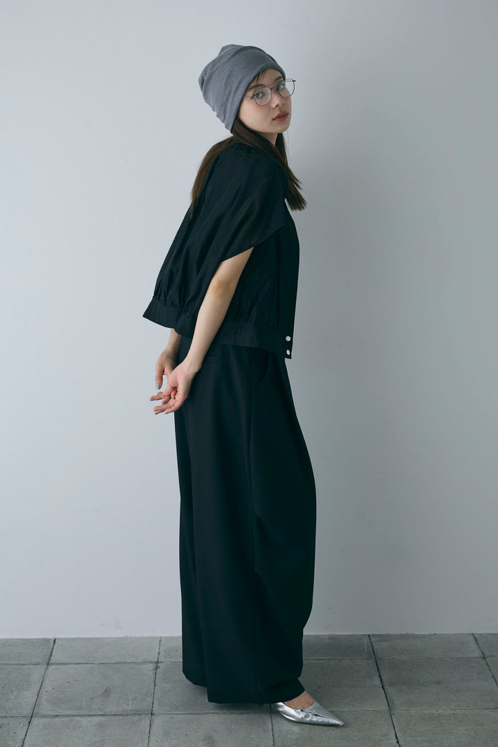 [予約/SET]フレンチスリーブシアーブルゾン+コンパクトスムース ミニ箔ロゴプリント+ランダムタック入りワイドパンツ(3set)