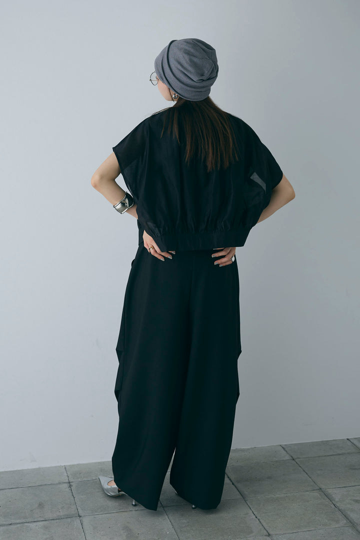 [予約/SET]フレンチスリーブシアーブルゾン+コンパクトスムース ミニ箔ロゴプリント+ランダムタック入りワイドパンツ(3set)