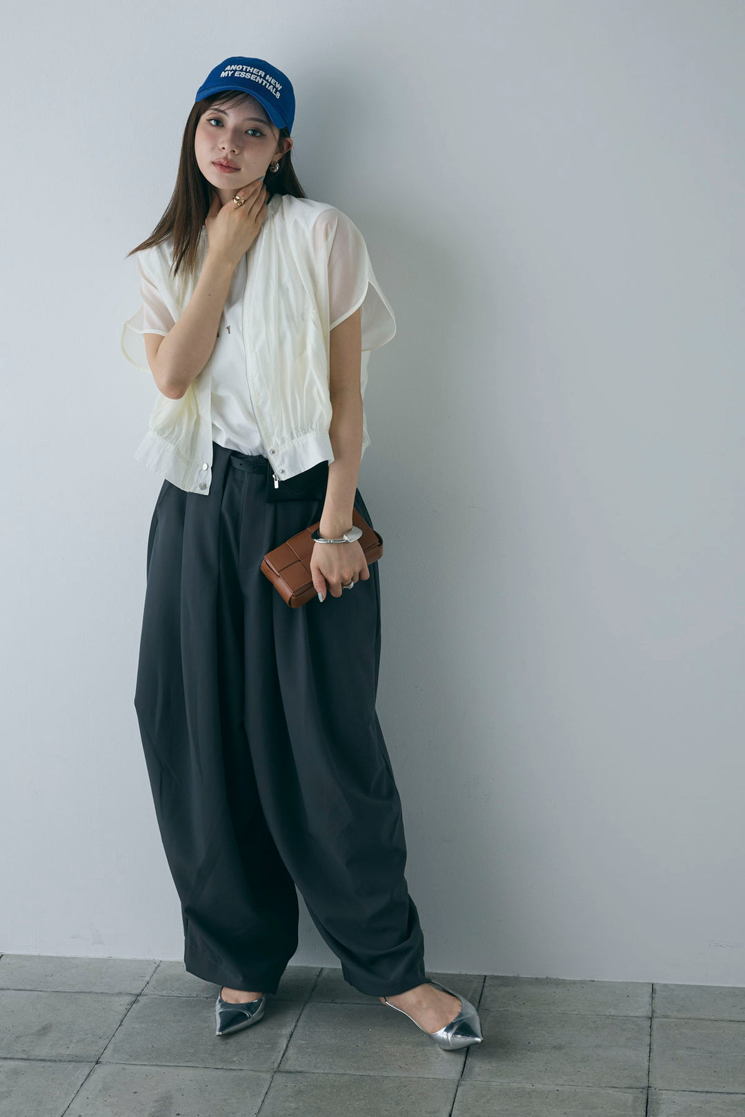 [予約/SET]フレンチスリーブシアーブルゾン+コンパクトスムース ミニ箔ロゴプリント+ランダムタック入りワイドパンツ(3set)