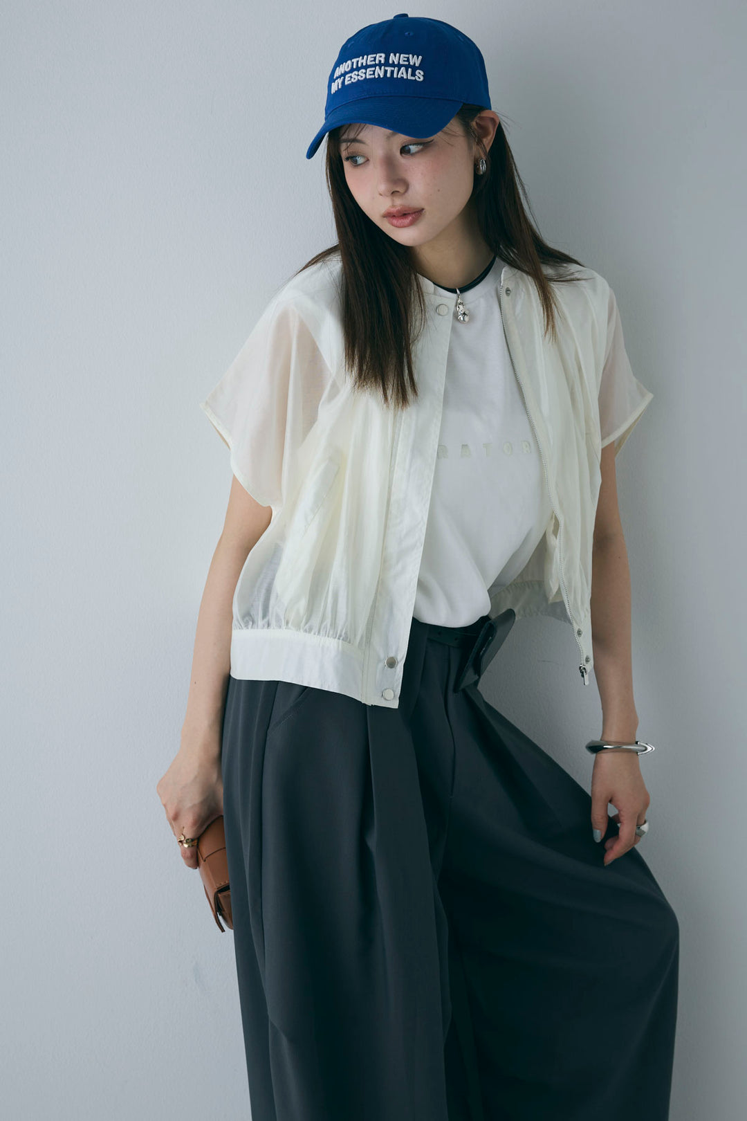 [予約/SET]フレンチスリーブシアーブルゾン+コンパクトスムース ミニ箔ロゴプリント+ランダムタック入りワイドパンツ(3set)