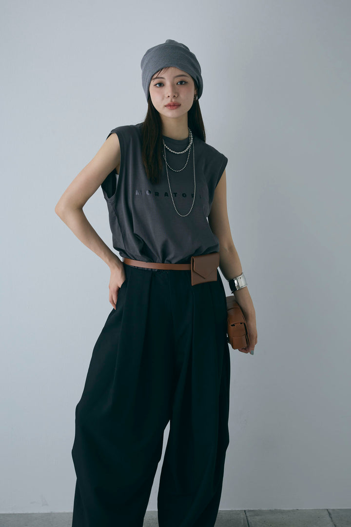 [予約/SET]コンパクトスムース ミニ箔ロゴプリント+ランダムタック入りワイドパンツ+レザーミニバッグ付きベルト(3set)