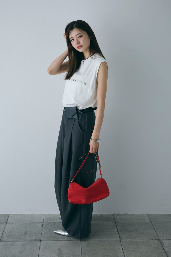 [予約/SET]コンパクトスムース ミニ箔ロゴプリント+ランダムタック入りワイドパンツ+レザーミニバッグ付きベルト(3set)