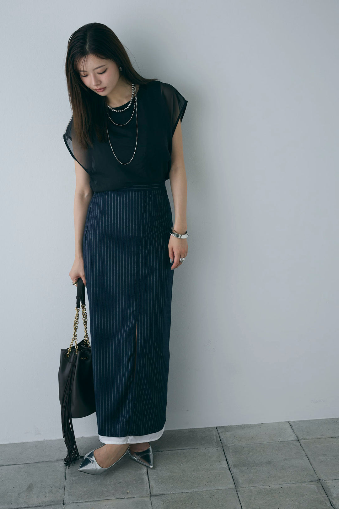 [予約/SET]オーガンジー重ねフレンチスリーブPO+ストライプストレートスカート(2set)