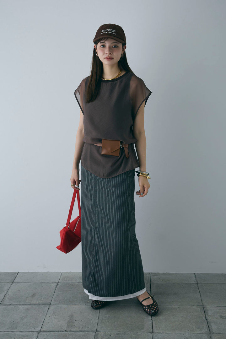 [予約/SET]オーガンジー重ねフレンチスリーブPO+ストライプストレートスカート(2set)