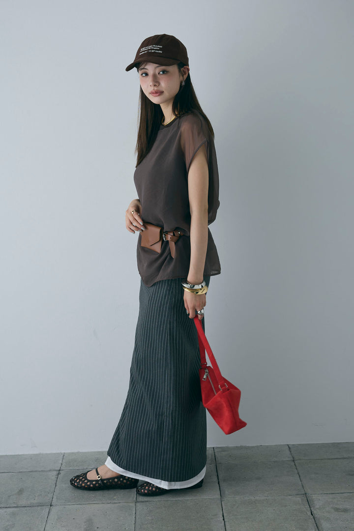 [予約/SET]オーガンジー重ねフレンチスリーブPO+ストライプストレートスカート(2set)