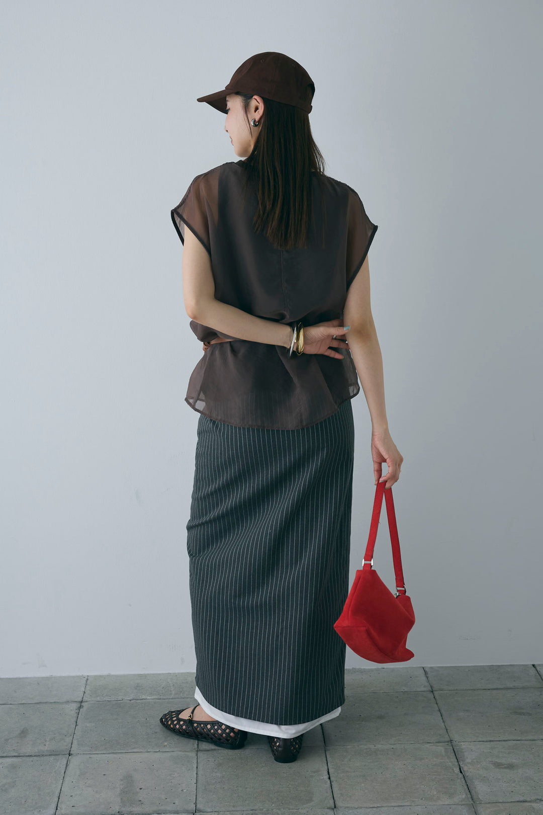 [予約/SET]オーガンジー重ねフレンチスリーブPO+ストライプストレートスカート(2set)