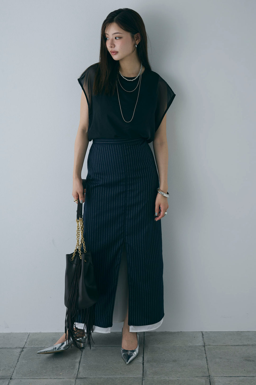 [予約/SET]オーガンジー重ねフレンチスリーブPO+ストライプストレートスカート(2set)