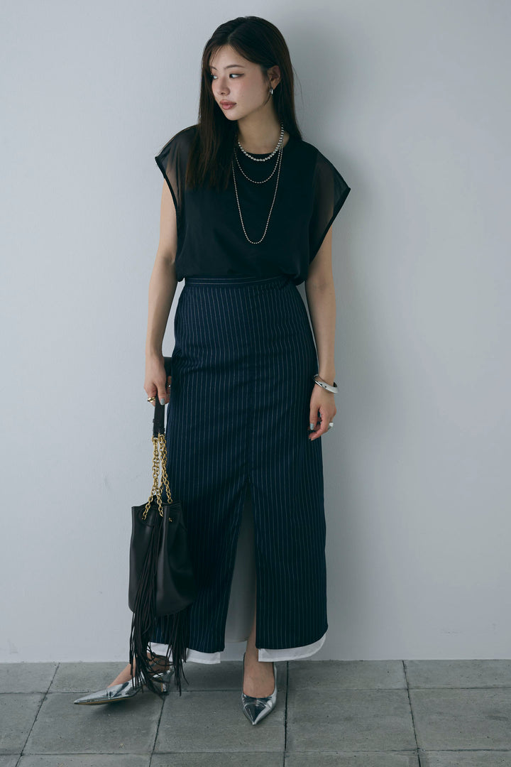 [予約/SET]オーガンジー重ねフレンチスリーブPO+ストライプストレートスカート(2set)