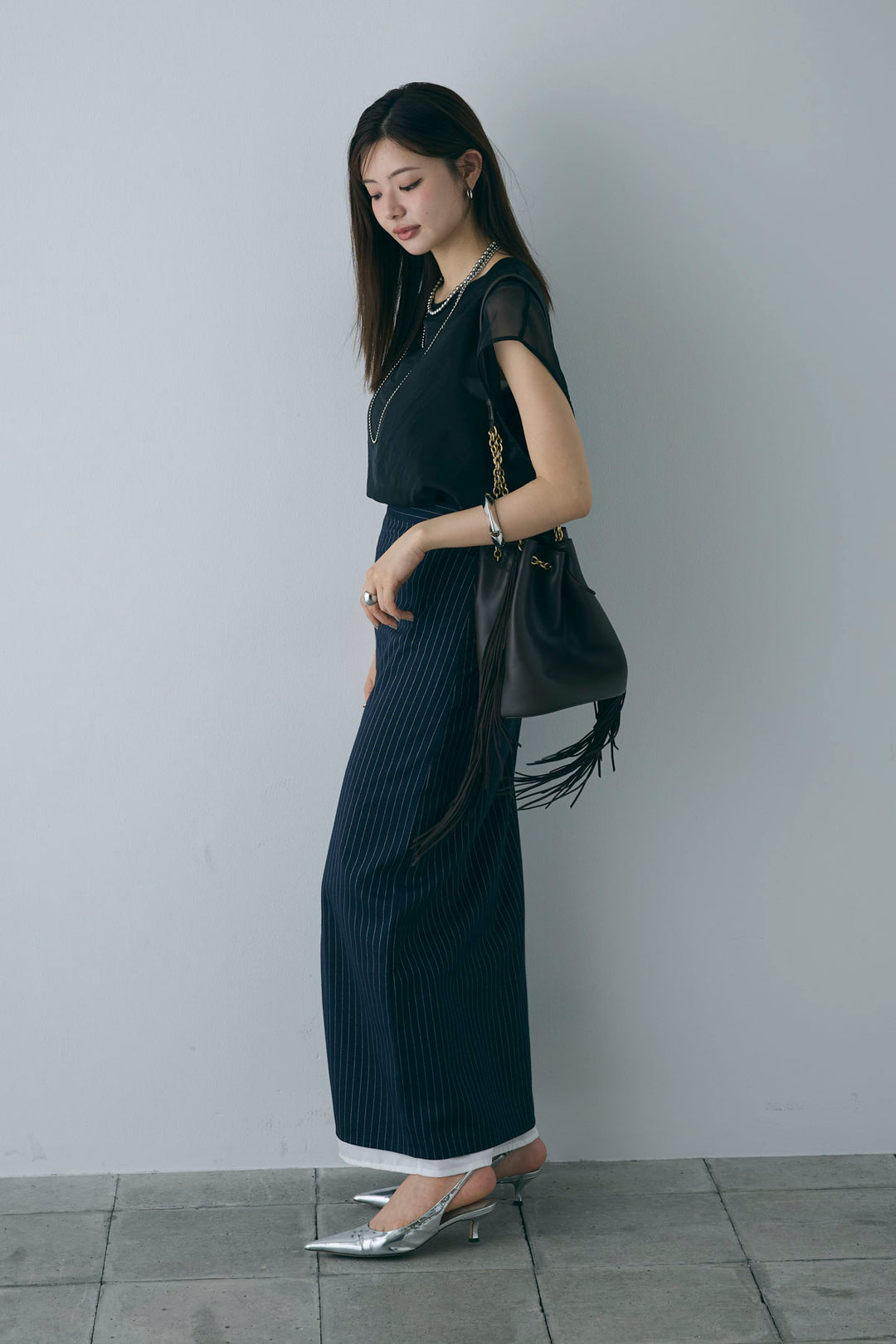 [予約/SET]オーガンジー重ねフレンチスリーブPO+ストライプストレートスカート(2set)