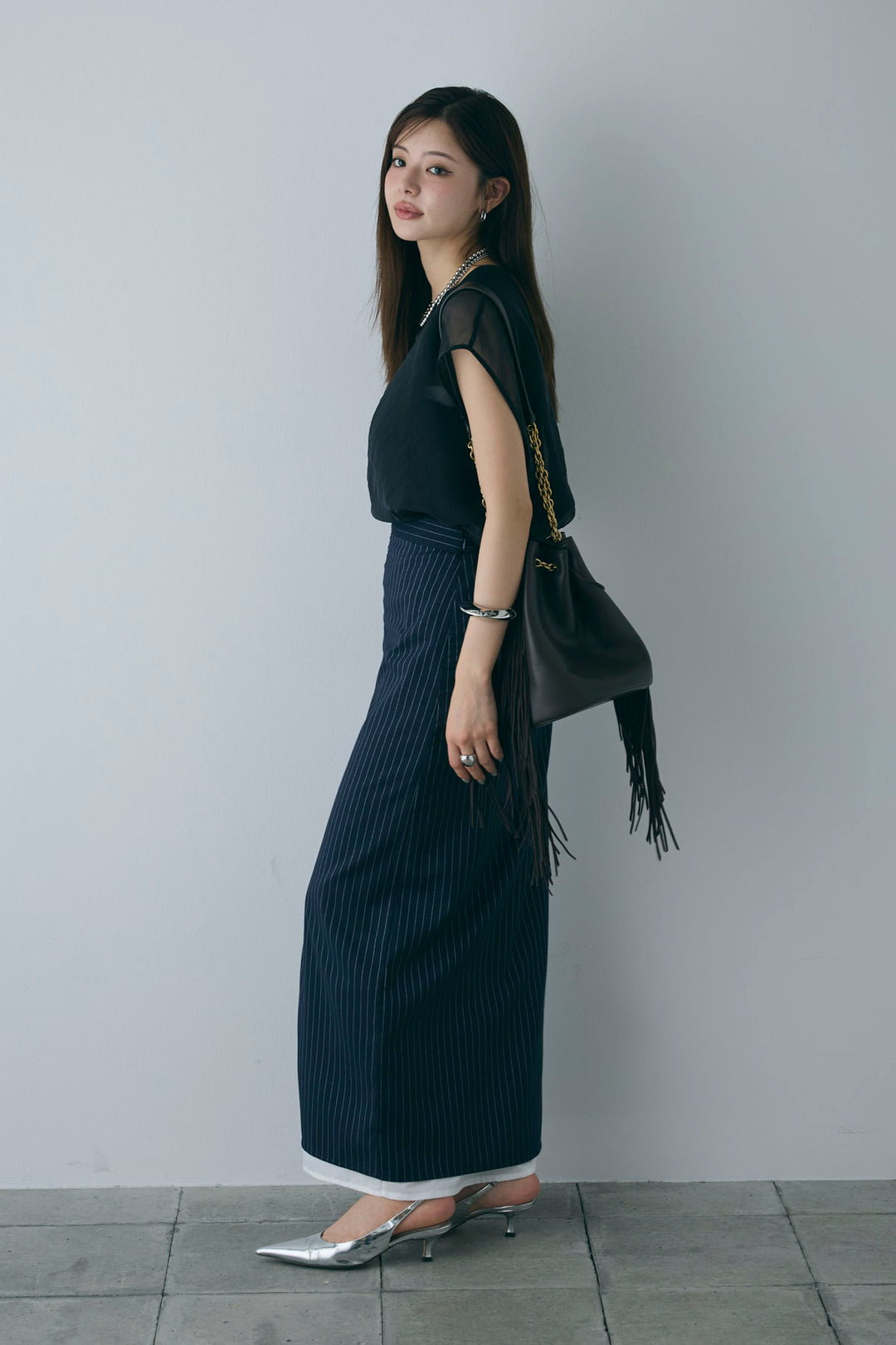 [予約/SET]オーガンジー重ねフレンチスリーブPO+ストライプストレートスカート(2set)