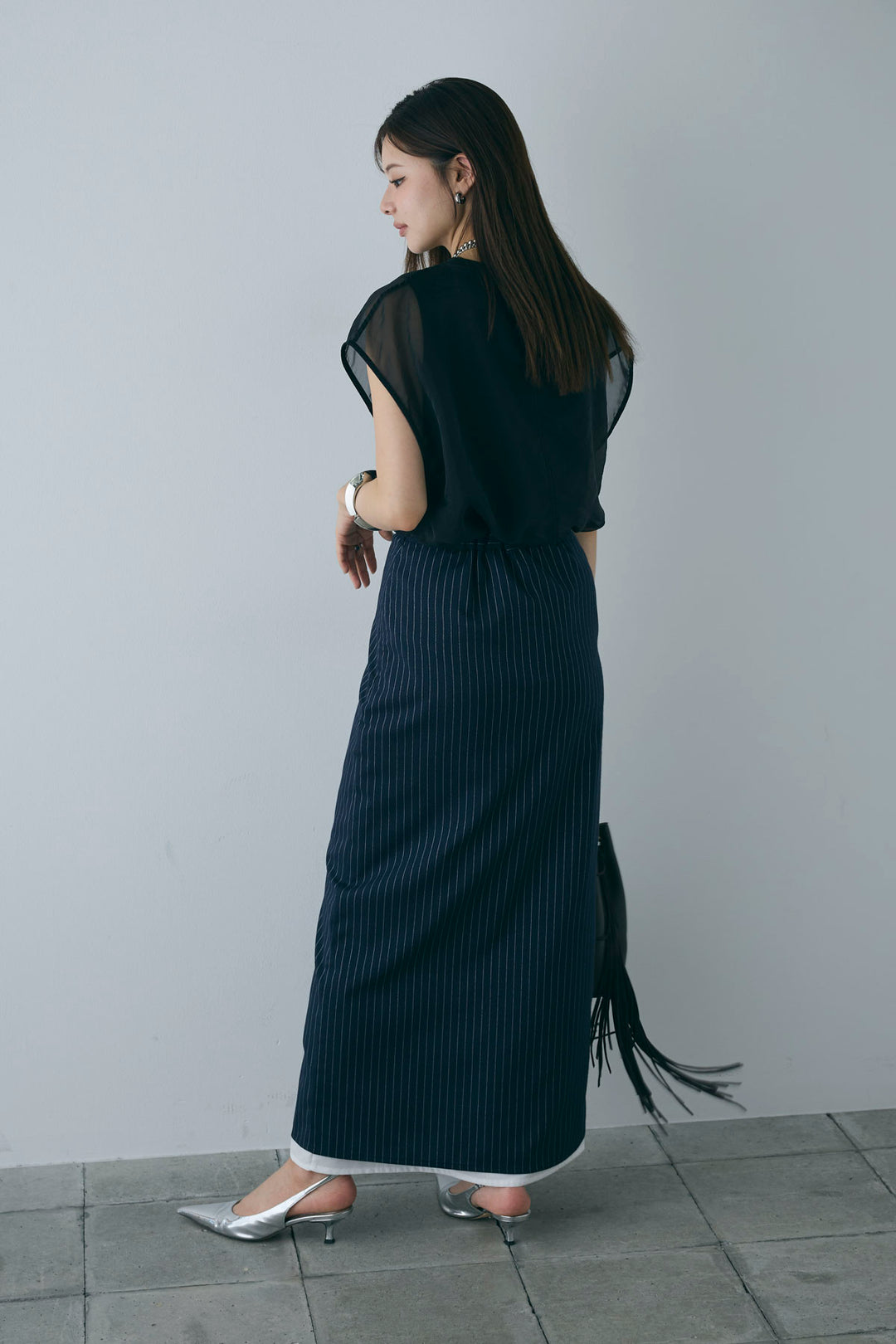 [予約/SET]オーガンジー重ねフレンチスリーブPO+ストライプストレートスカート(2set)