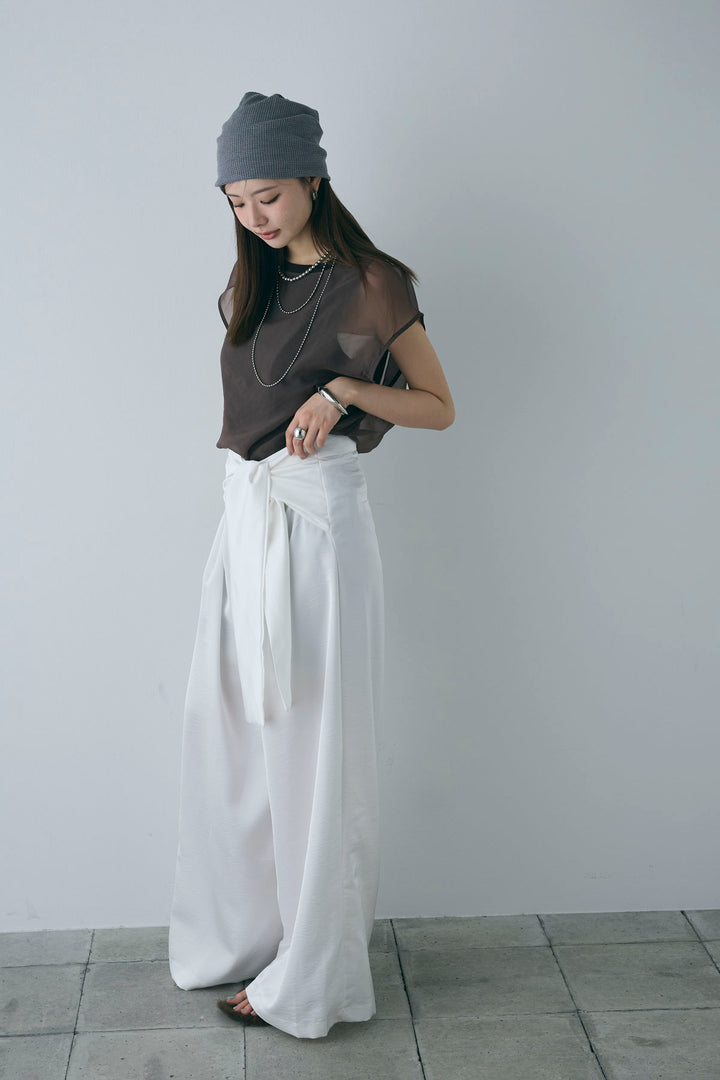 [予約/SET]オーガンジー重ねフレンチスリーブPO+ウエストラップサテンワイドパンツ(2set)