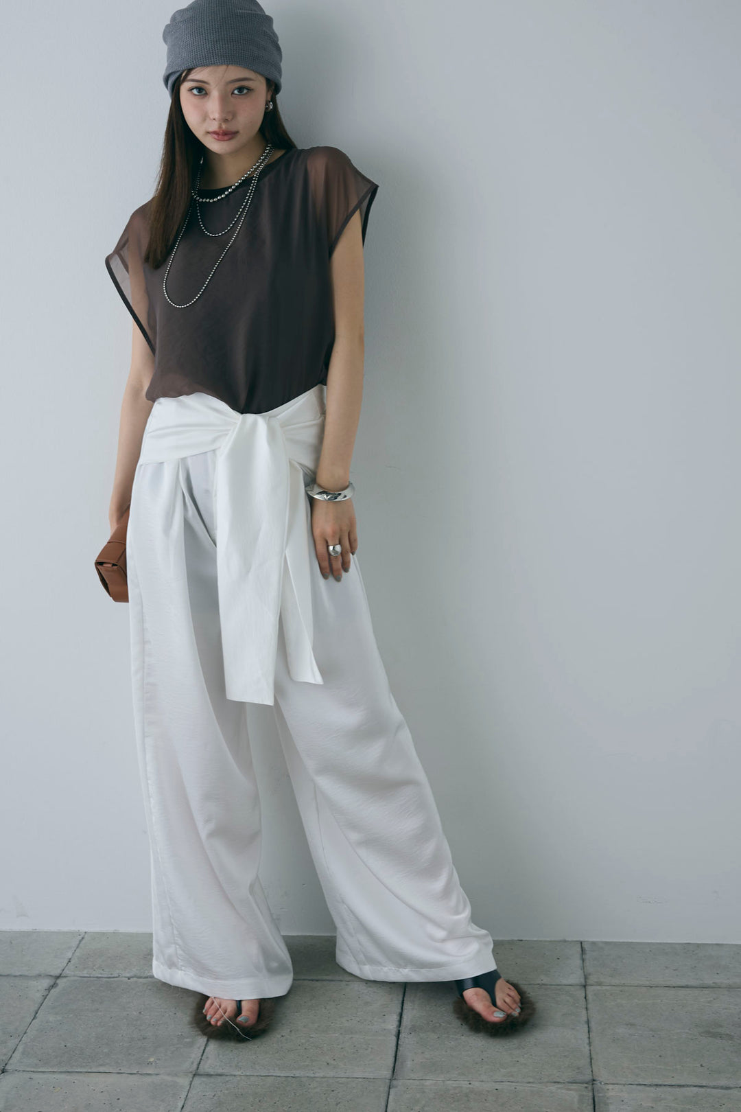 [予約/SET]オーガンジー重ねフレンチスリーブPO+ウエストラップサテンワイドパンツ(2set)