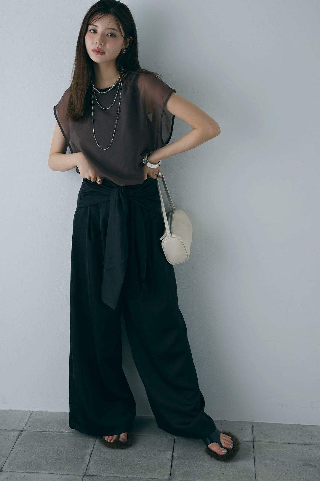 [予約/SET]オーガンジー重ねフレンチスリーブPO+ウエストラップサテンワイドパンツ(2set)