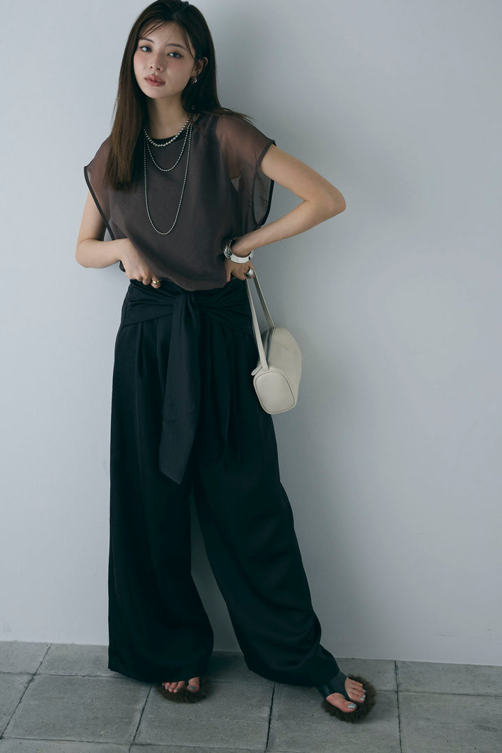 [予約/SET]オーガンジー重ねフレンチスリーブPO+ウエストラップサテンワイドパンツ(2set)