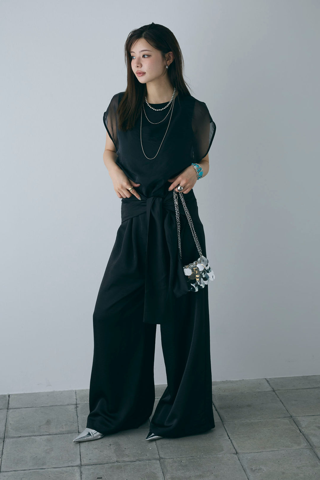 [予約/SET]オーガンジー重ねフレンチスリーブPO+ウエストラップサテンワイドパンツ(2set)