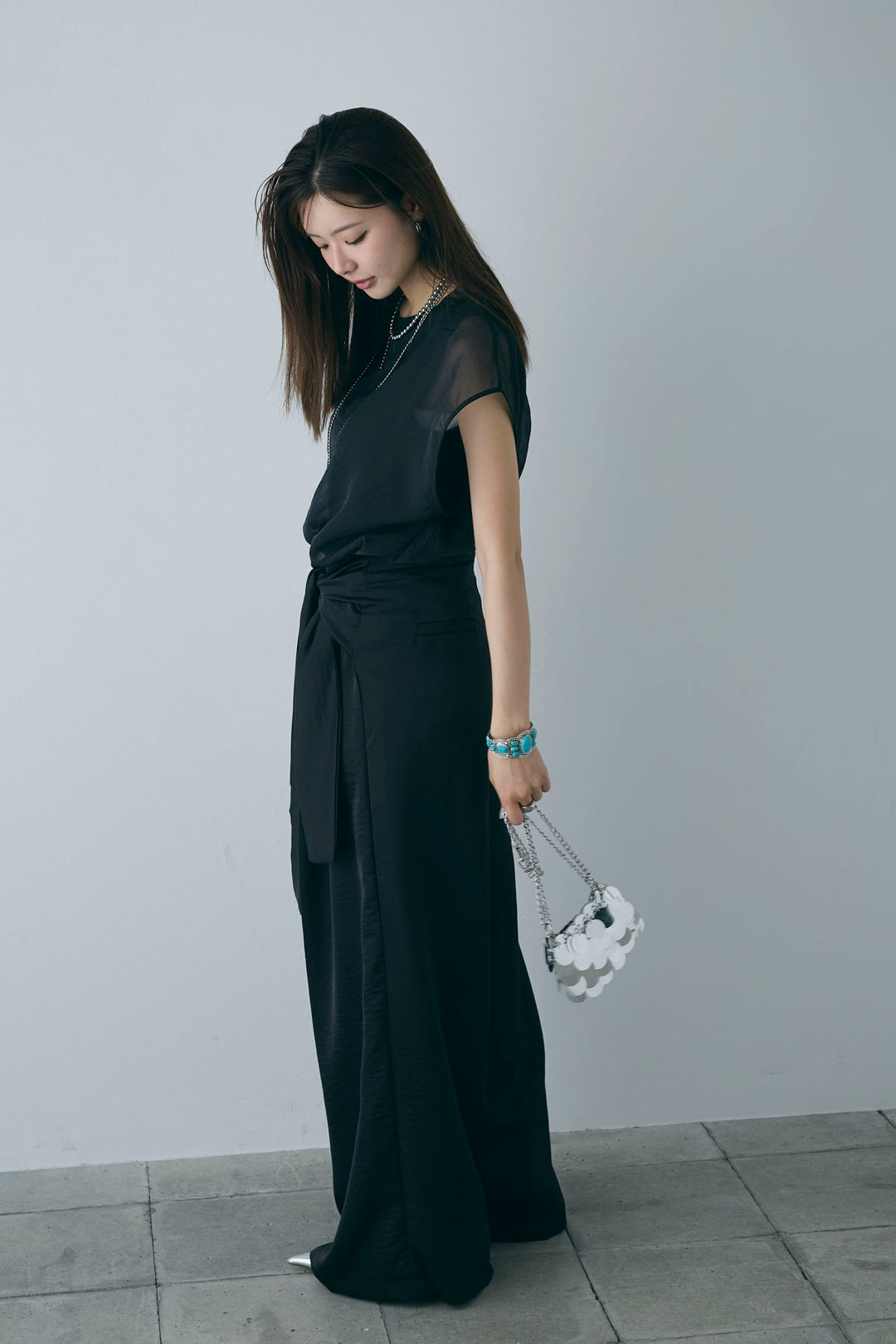 [予約/SET]オーガンジー重ねフレンチスリーブPO+ウエストラップサテンワイドパンツ(2set)