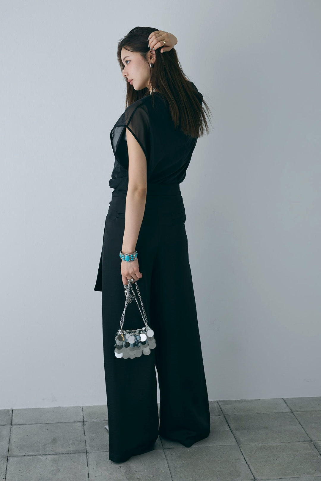 [予約/SET]オーガンジー重ねフレンチスリーブPO+ウエストラップサテンワイドパンツ(2set)