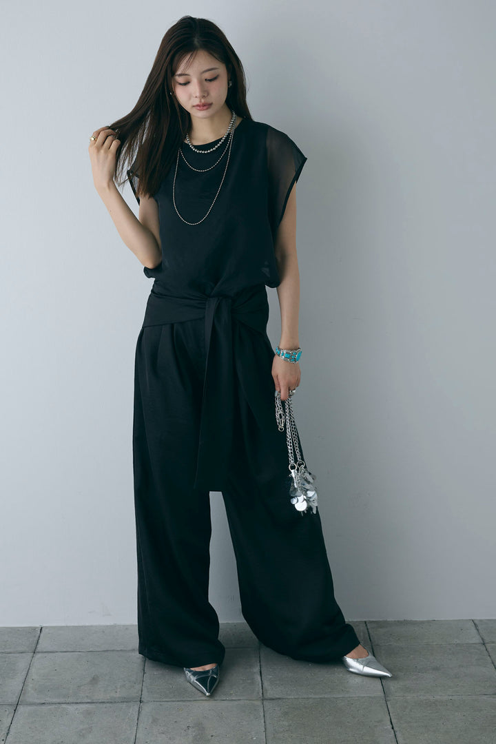 [予約/SET]オーガンジー重ねフレンチスリーブPO+ウエストラップサテンワイドパンツ(2set)