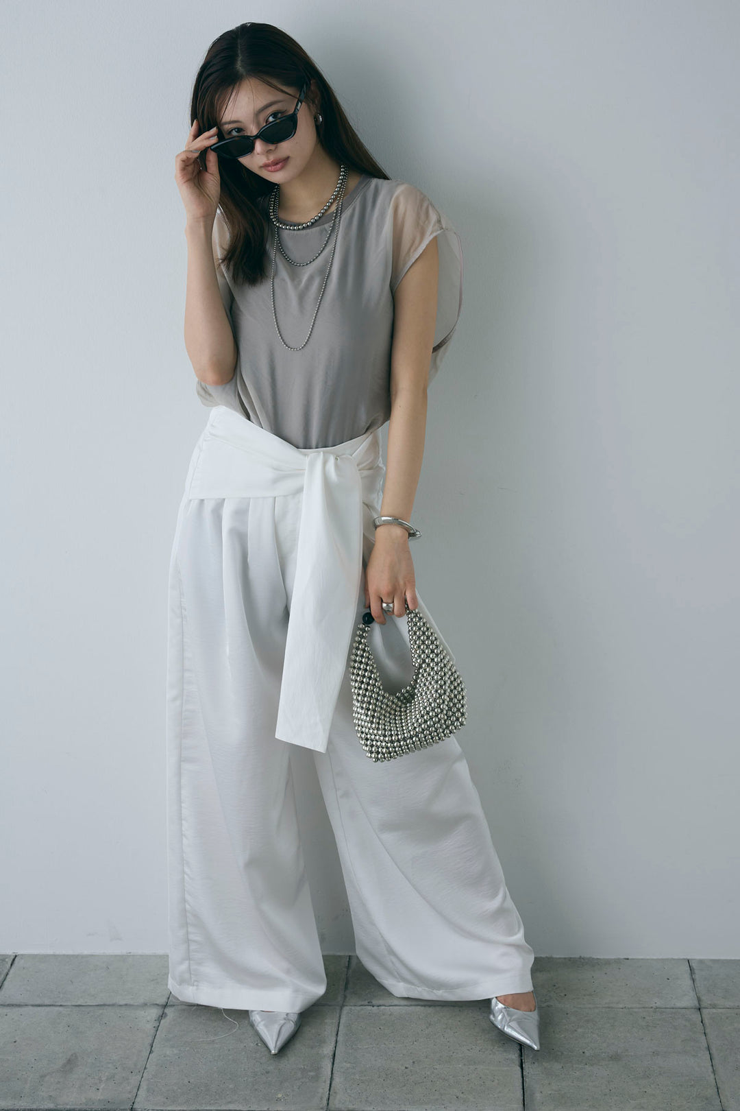 [予約/SET]オーガンジー重ねフレンチスリーブPO+ウエストラップサテンワイドパンツ(2set)