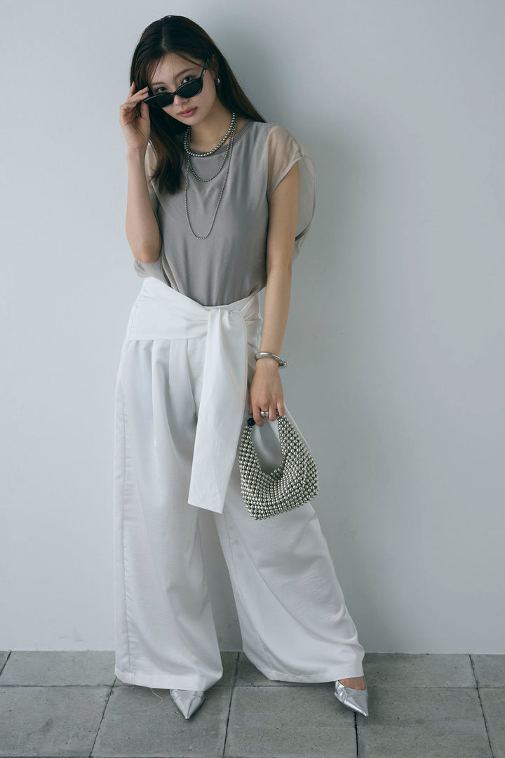 [予約/SET]オーガンジー重ねフレンチスリーブPO+ウエストラップサテンワイドパンツ(2set)