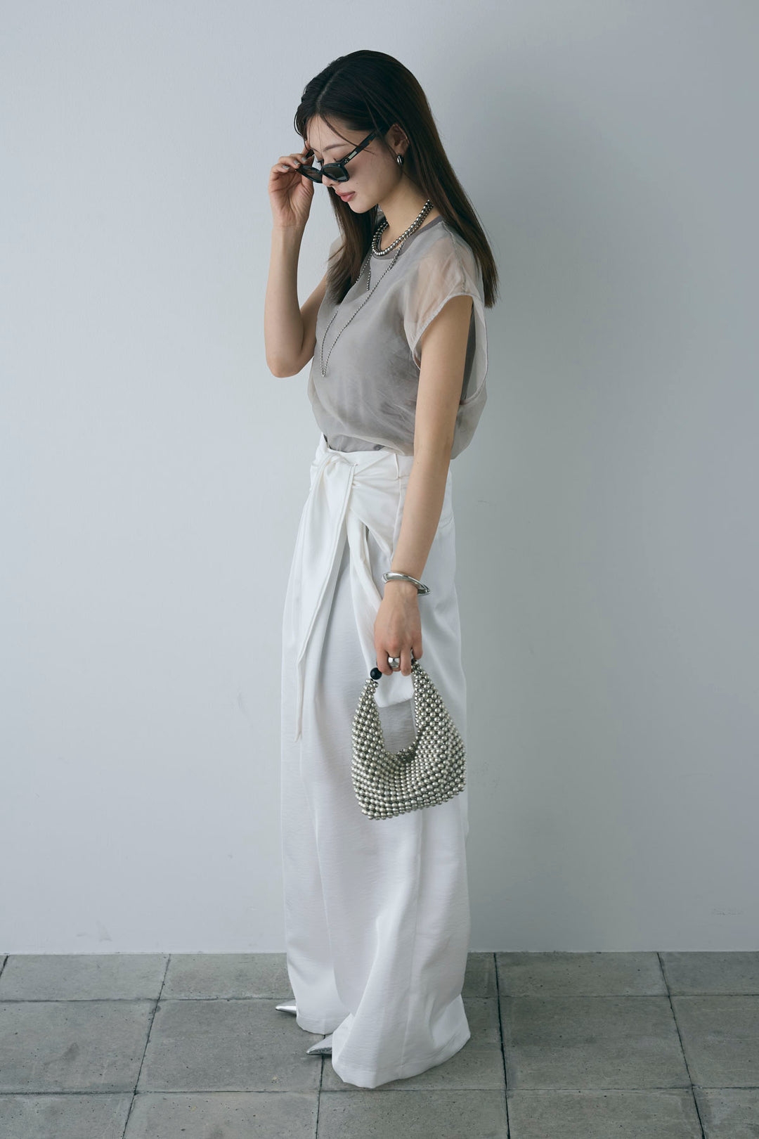 [予約/SET]オーガンジー重ねフレンチスリーブPO+ウエストラップサテンワイドパンツ(2set)