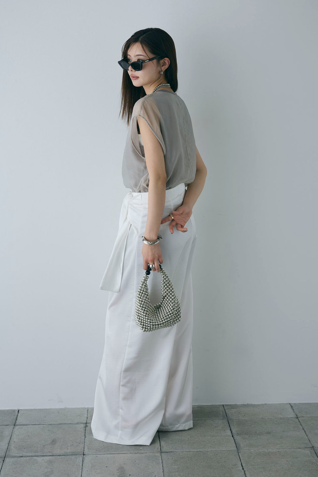 [予約/SET]オーガンジー重ねフレンチスリーブPO+ウエストラップサテンワイドパンツ(2set)