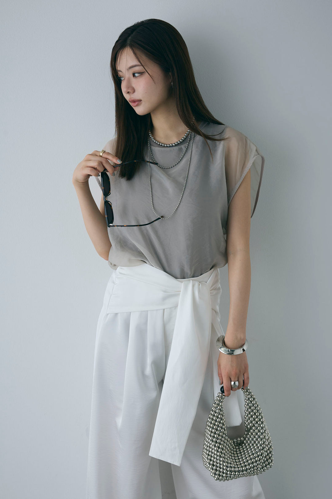 [予約/SET]オーガンジー重ねフレンチスリーブPO+ウエストラップサテンワイドパンツ(2set)