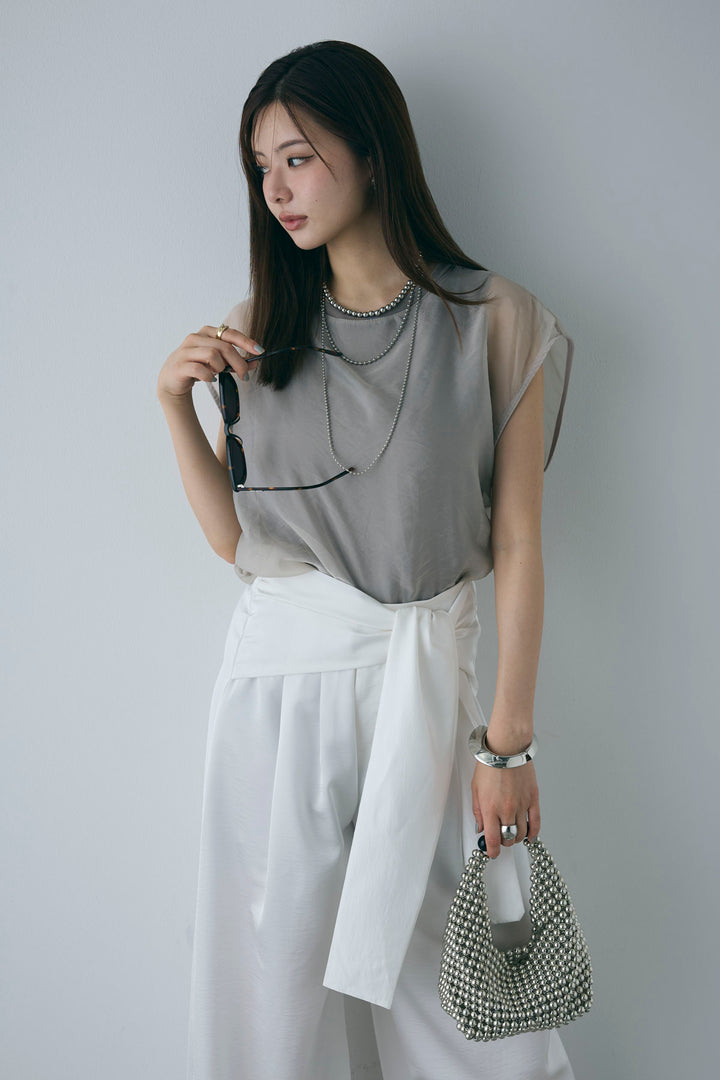 [予約/SET]オーガンジー重ねフレンチスリーブPO+ウエストラップサテンワイドパンツ(2set)