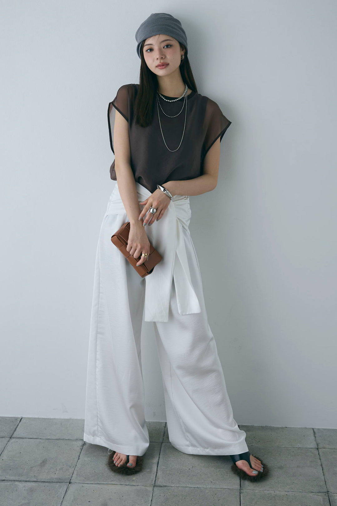 [予約/SET]オーガンジー重ねフレンチスリーブPO+ウエストラップサテンワイドパンツ(2set)