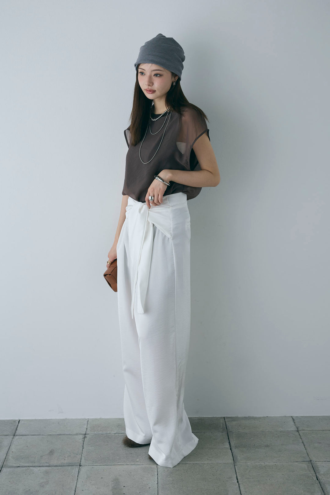 [予約/SET]オーガンジー重ねフレンチスリーブPO+ウエストラップサテンワイドパンツ(2set)