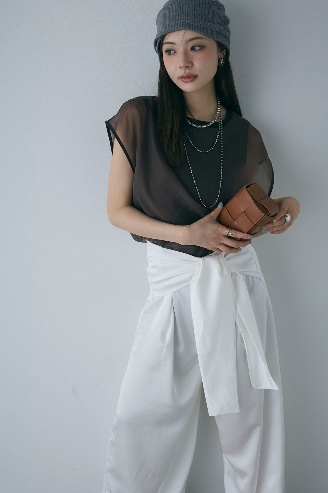 [予約/SET]オーガンジー重ねフレンチスリーブPO+ウエストラップサテンワイドパンツ(2set)