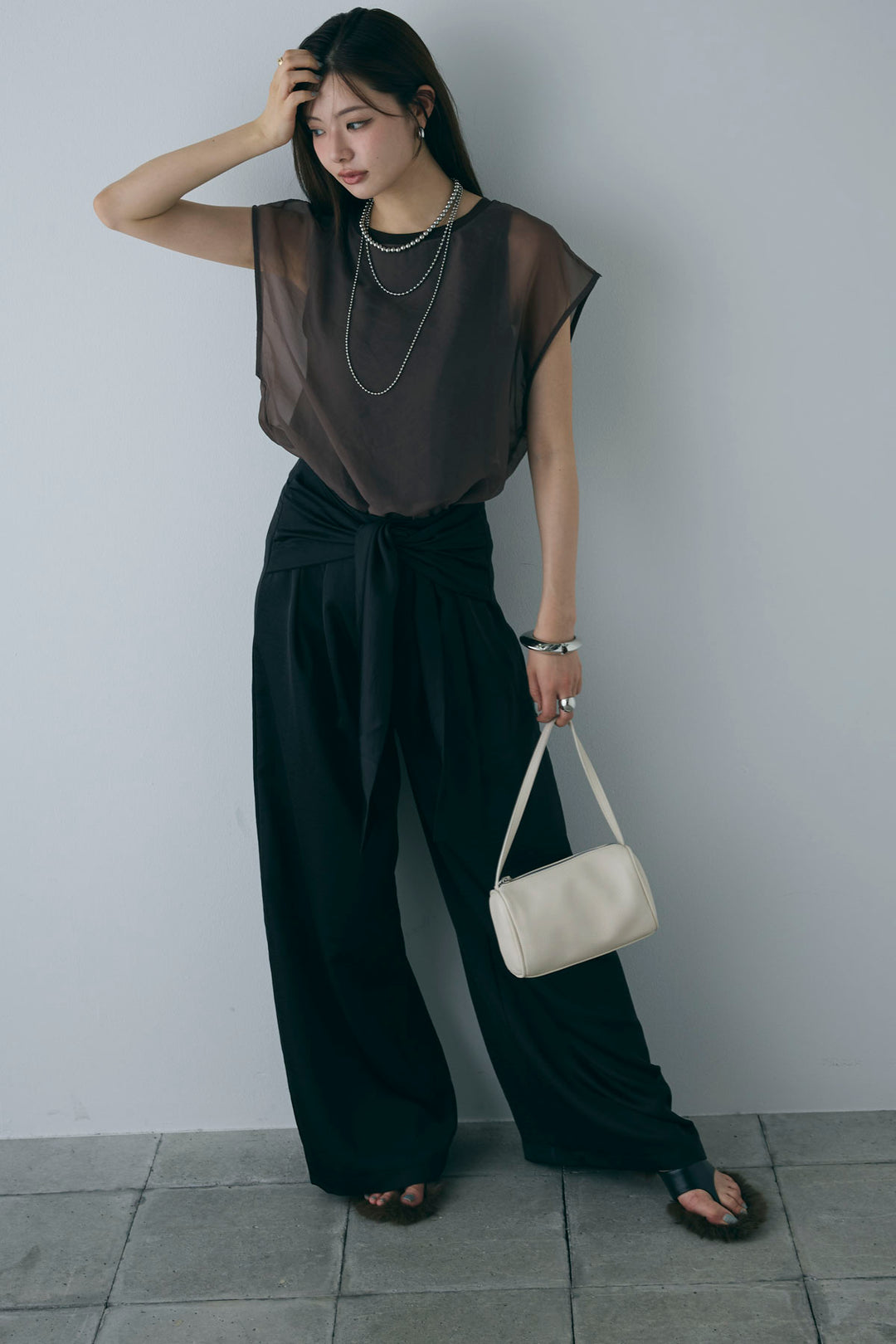 [予約/SET]オーガンジー重ねフレンチスリーブPO+ウエストラップサテンワイドパンツ(2set)