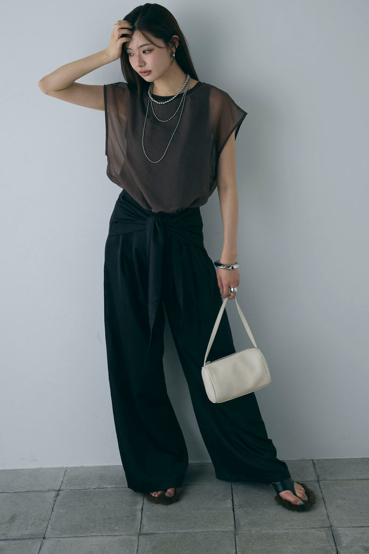 [予約/SET]オーガンジー重ねフレンチスリーブPO+ウエストラップサテンワイドパンツ(2set)