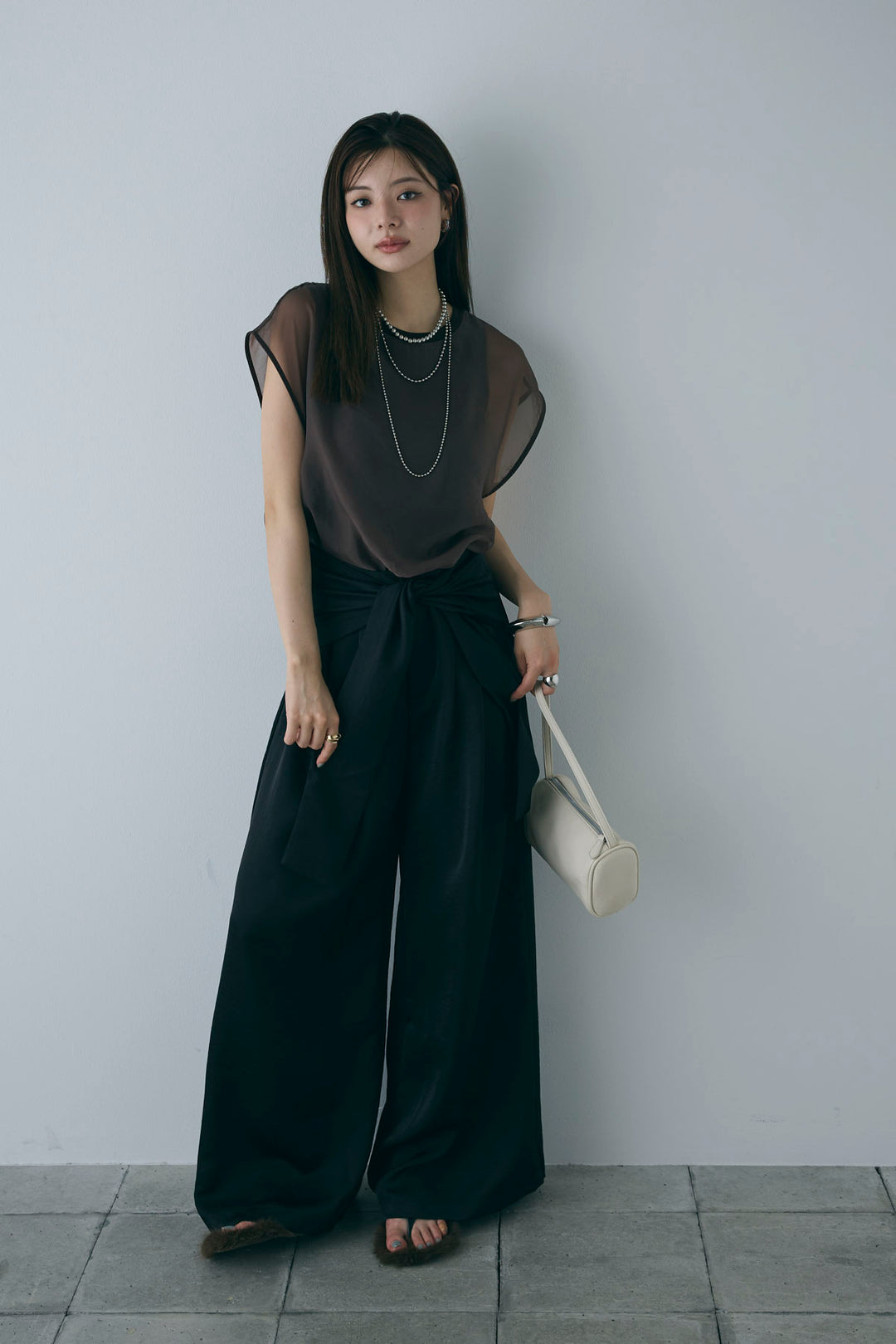 [予約/SET]オーガンジー重ねフレンチスリーブPO+ウエストラップサテンワイドパンツ(2set)