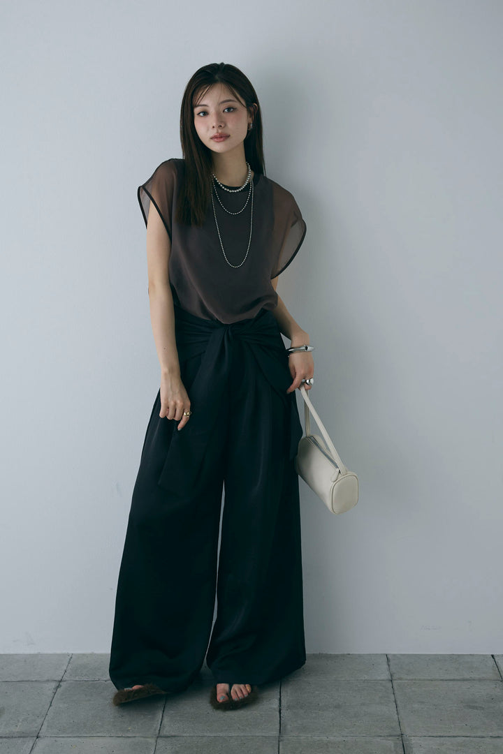 [予約/SET]オーガンジー重ねフレンチスリーブPO+ウエストラップサテンワイドパンツ(2set)