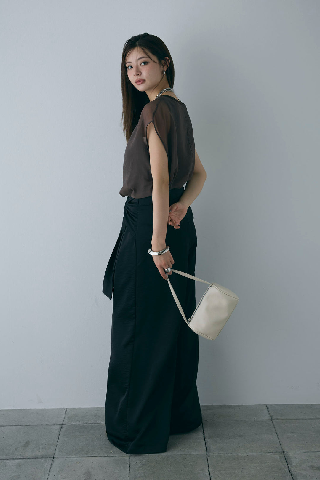 [予約/SET]オーガンジー重ねフレンチスリーブPO+ウエストラップサテンワイドパンツ(2set)