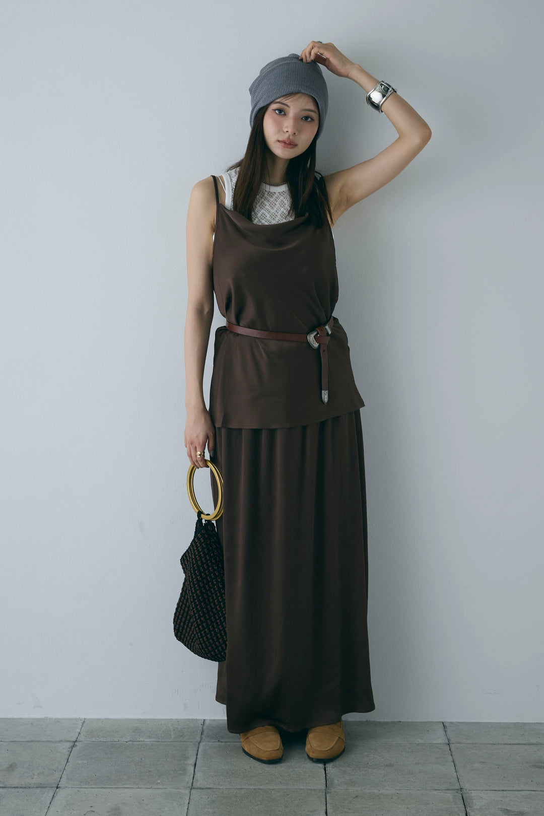 [予約/SET]ドレープサテンキャミソール×ロングスカートセットアップ+ストレッチレースタンク(2set)