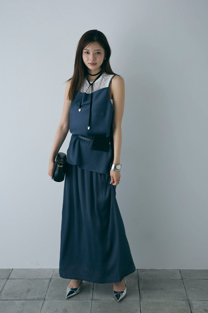 [予約/SET]ドレープサテンキャミソール×ロングスカートセットアップ+ストレッチレースタンク(2set)