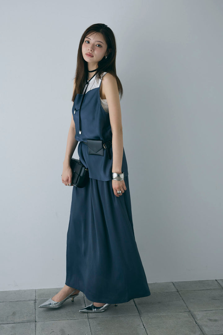 [予約/SET]ドレープサテンキャミソール×ロングスカートセットアップ+ストレッチレースタンク(2set)