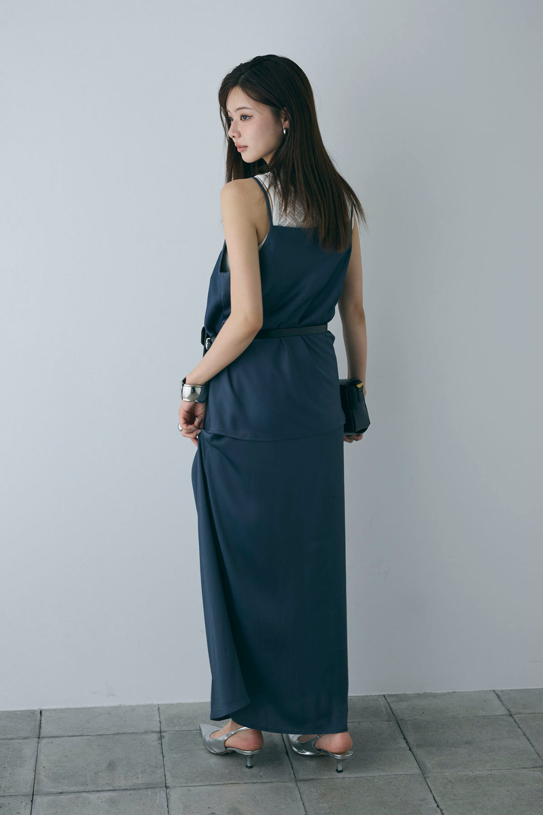 [予約/SET]ドレープサテンキャミソール×ロングスカートセットアップ+ストレッチレースタンク(2set)