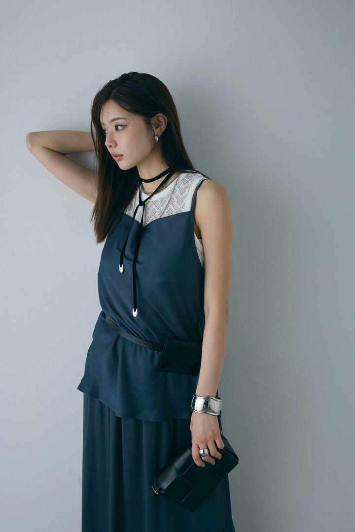 [予約/SET]ドレープサテンキャミソール×ロングスカートセットアップ+ストレッチレースタンク(2set)