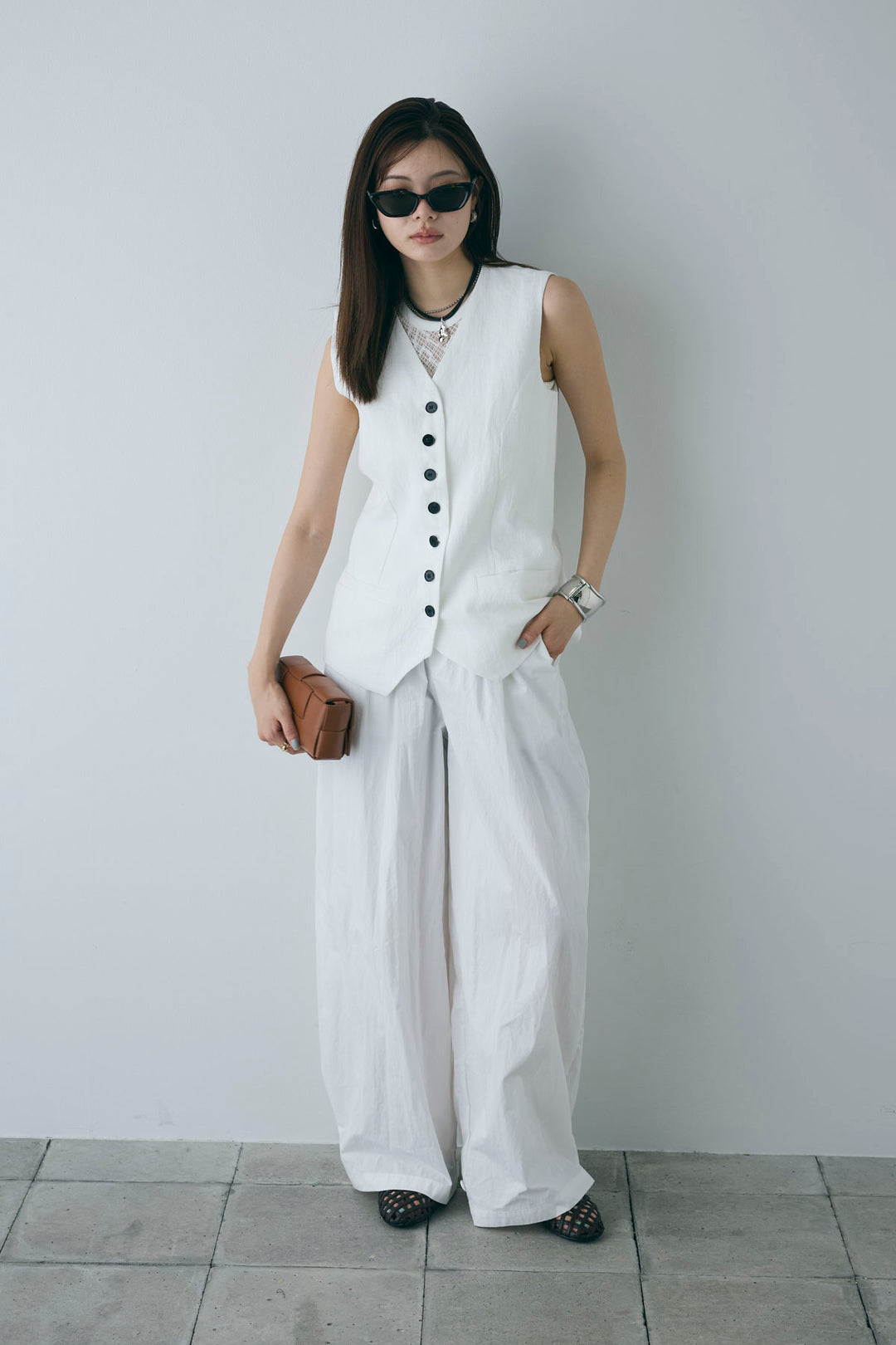 [予約/SET]リネンベスト+ストレッチレースタンク+裾ボタン絞りパンツ(3set)