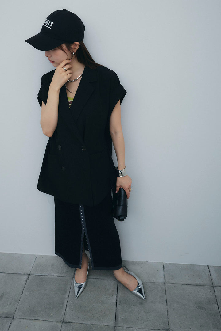 [予約/SET]リネンライクダブルジレ+ボーダーリブカップ付きキャミソール+リネンタッチ配色ホックスカート(3set)