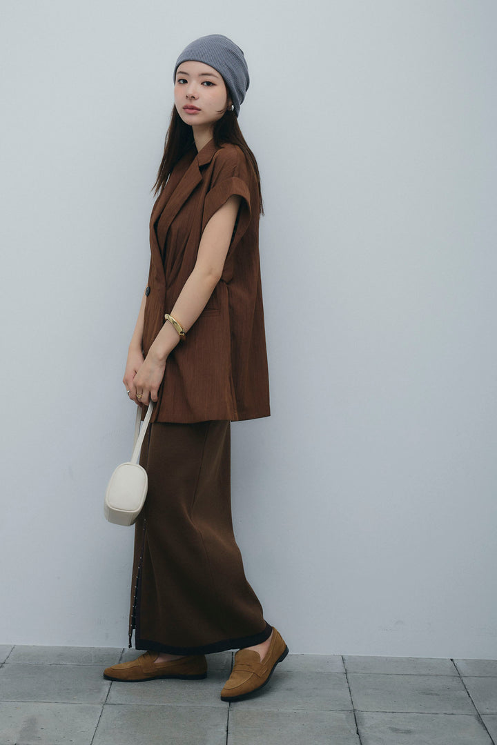 [予約/SET]リネンライクダブルジレ+ボーダーリブカップ付きキャミソール+リネンタッチ配色ホックスカート(3set)